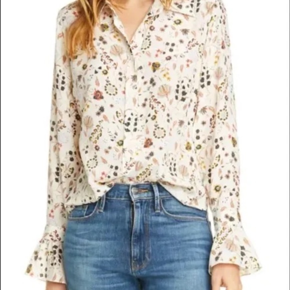 Frame Denim | Tops | Frame Ruffle Cuff Floral Silk 7s Shirt In Offwhite ...